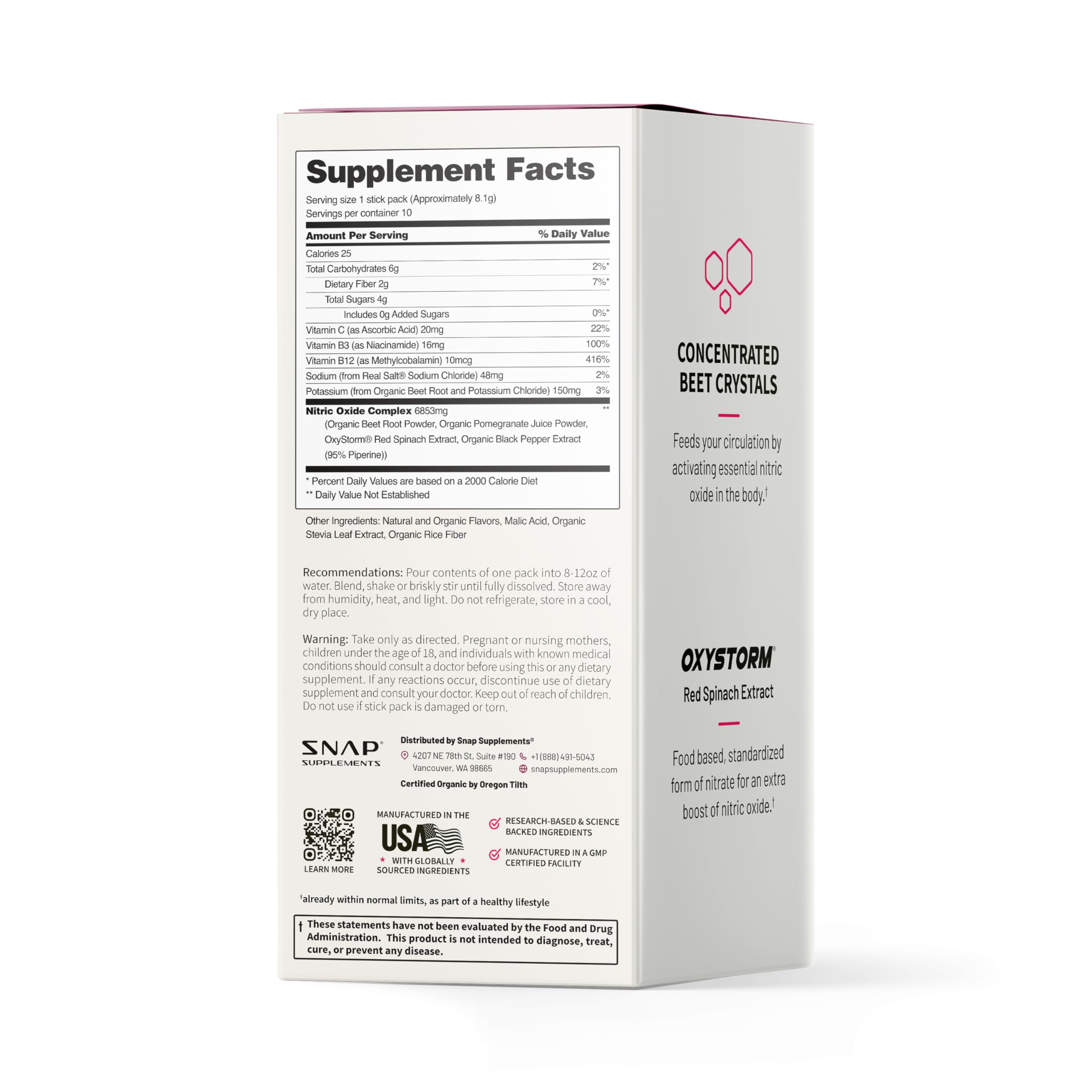 Snap Supplements label highlights USA-made, organic, third-party tested
