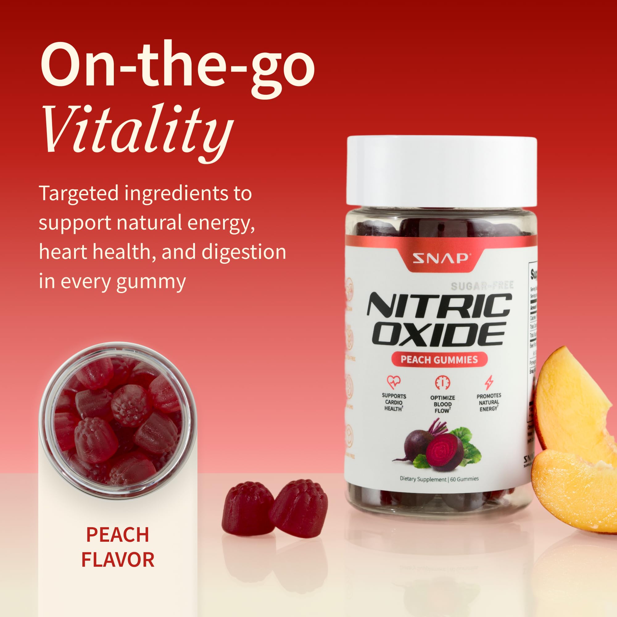 Snap Supplements Nitric Oxide Beet Root gummies closeup with peach flavor note.