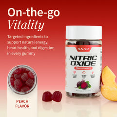 Snap Supplements Nitric Oxide Beet Root gummies closeup with peach flavor note.