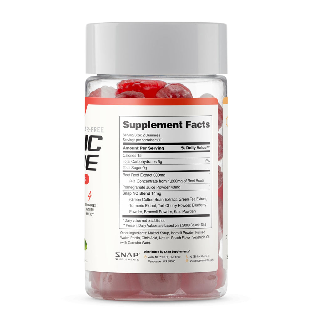 Snap Supplements Nitric Oxide Beet Root non-GMO gummies for clean nutrition.