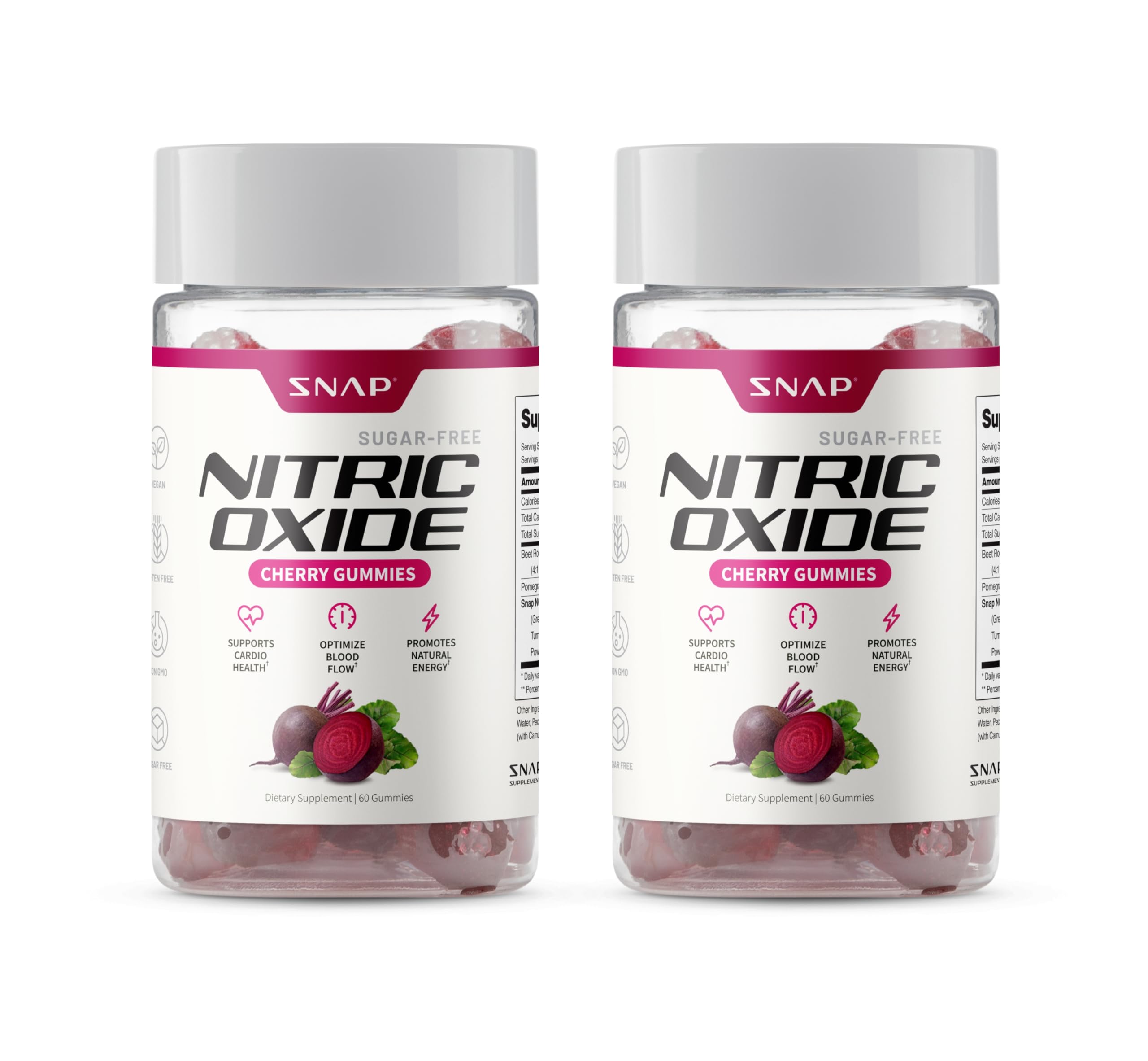 Snap Supplements Nitric Oxide Gummies bottle highlights beet root content for natural energy support.