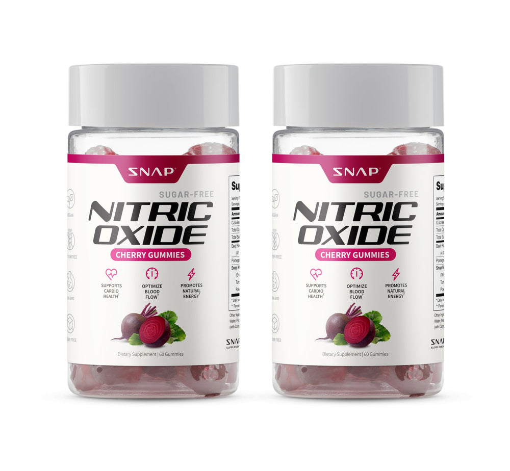 Snap Supplements Nitric Oxide Gummies bottle highlights beet root content for natural energy support.