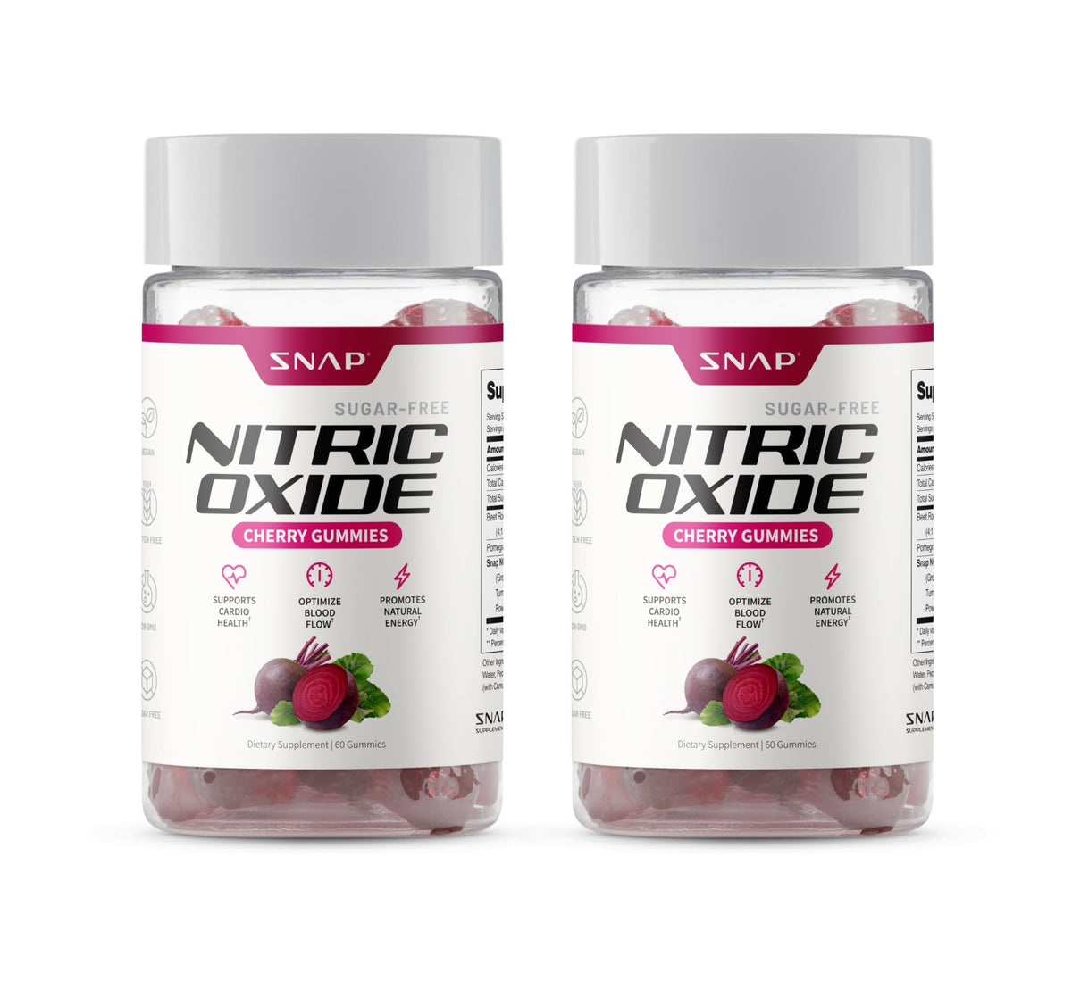 Snap Supplements Nitric Oxide Gummies bottle highlights beet root content for natural energy support.