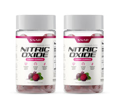 Snap Supplements Nitric Oxide Gummies bottle highlights beet root content for natural energy support.