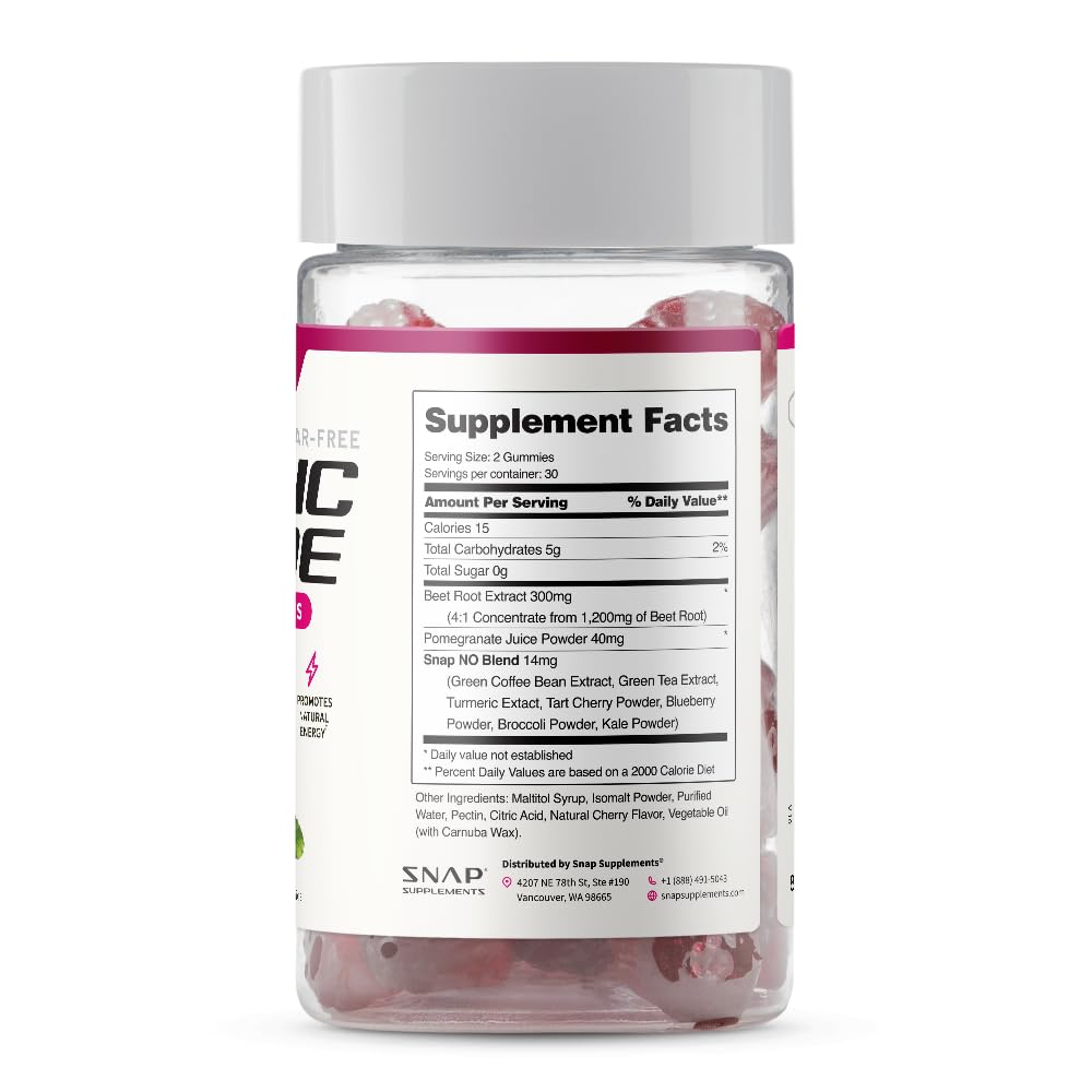 Snap Supplements Nitric Oxide Gummies nutrition label close-up communicates vegan and gluten-free formulation.