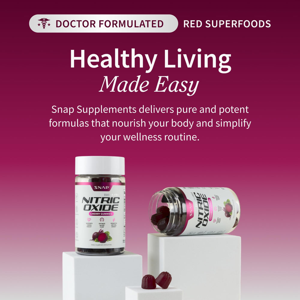 Snap Supplements Nitric Oxide Gummies pomegranate powder detail signals antioxidant-forward blend for wellness.