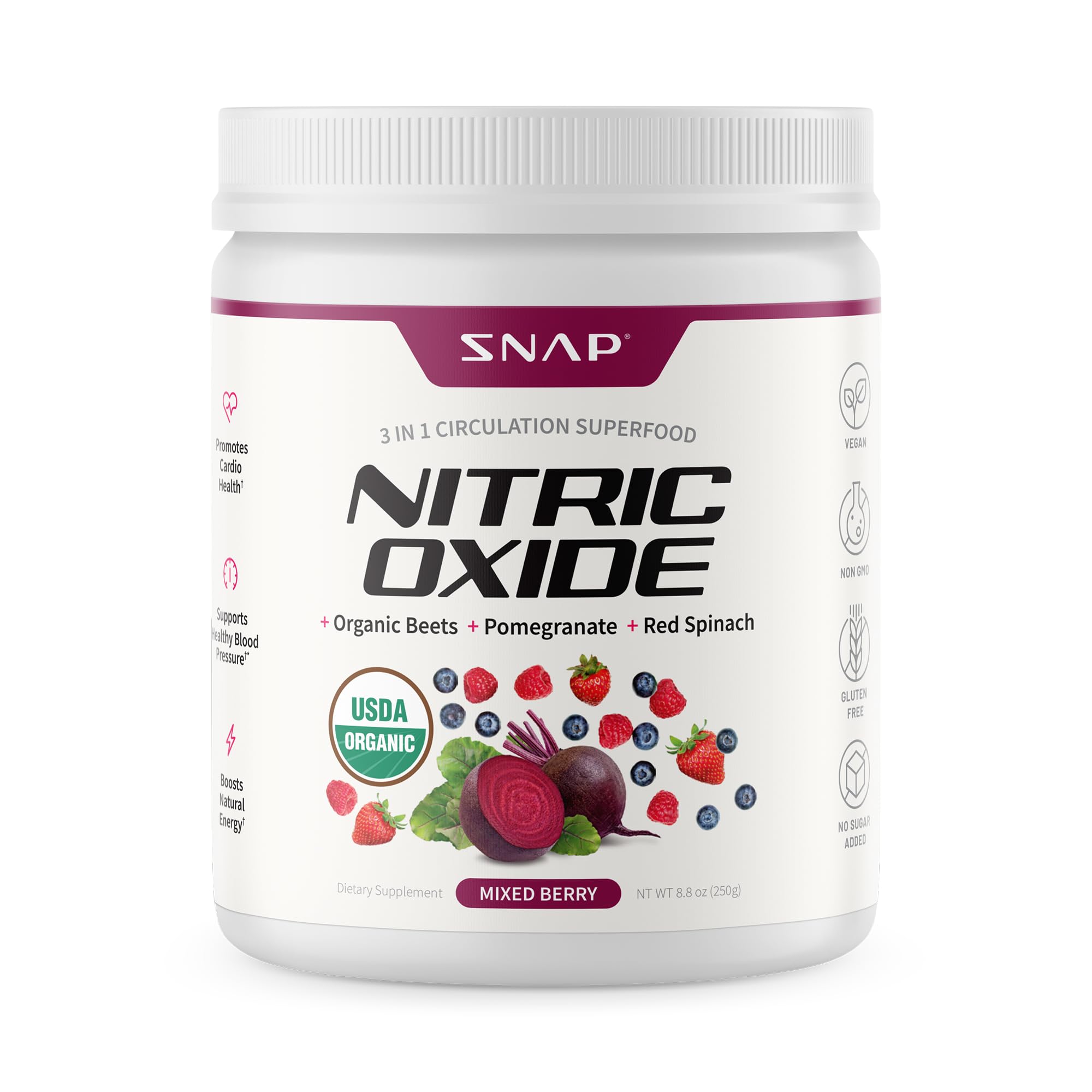 Snap Supplements organic beet root powder canister with spoon for easy daily energy support.