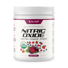Snap Supplements organic beet root powder canister with spoon for easy daily energy support.