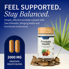 Snap Supplements Prostate Health bottle featuring stinging nettle root for daily urinary support