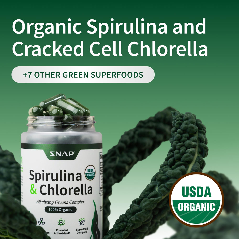 Snap Supplements spirulina chlorella capsules on bottle illustrate vegan friendly nutrition