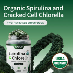 Snap Supplements spirulina chlorella capsules on bottle illustrate vegan friendly nutrition