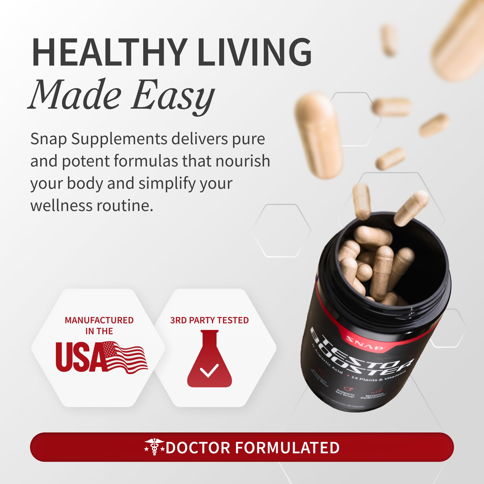 Snap Supplements Testosterone Booster USA-made stamp communicates quality and purity.