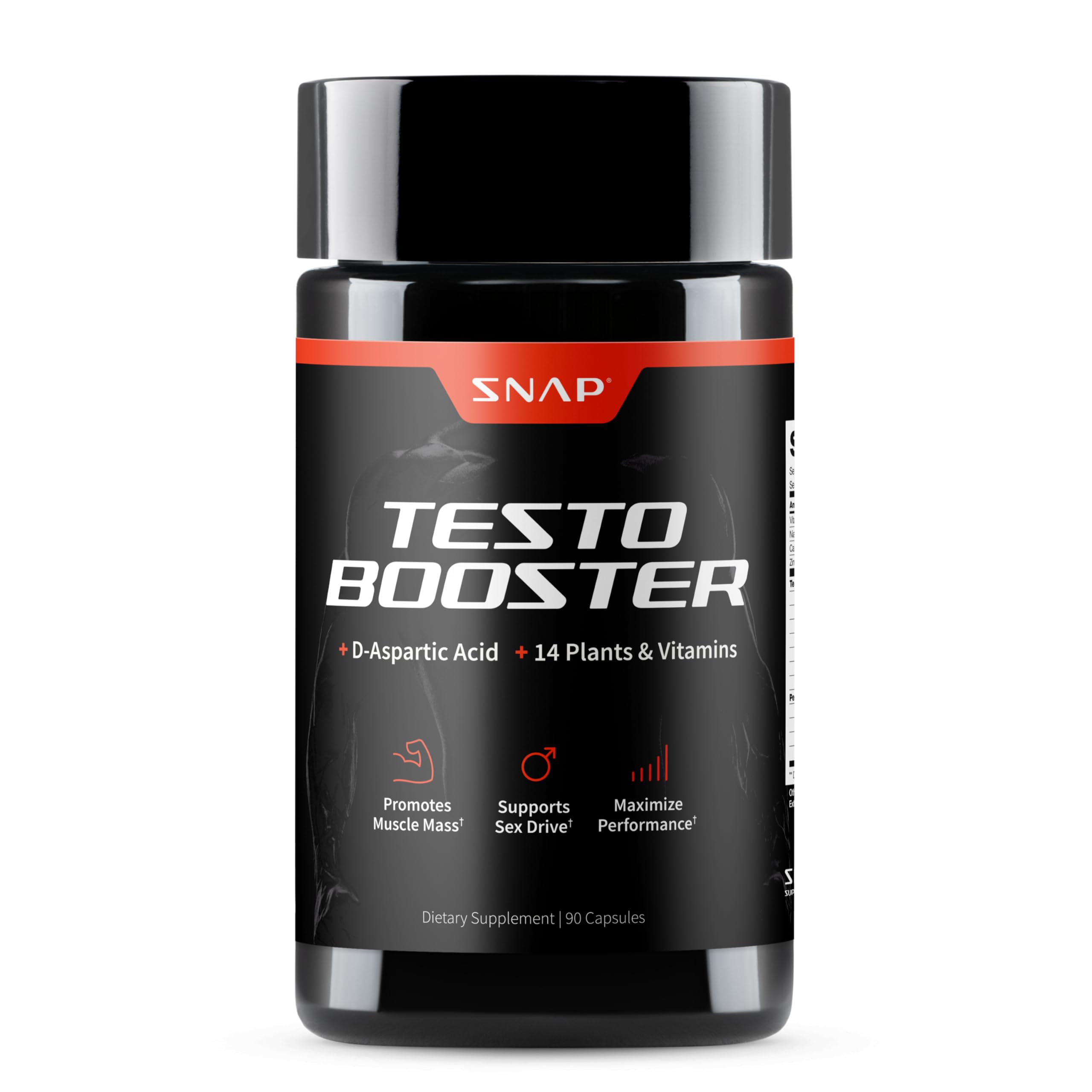Snap Supplements testosterone booster bottle label highlights key ingredients and dosage.