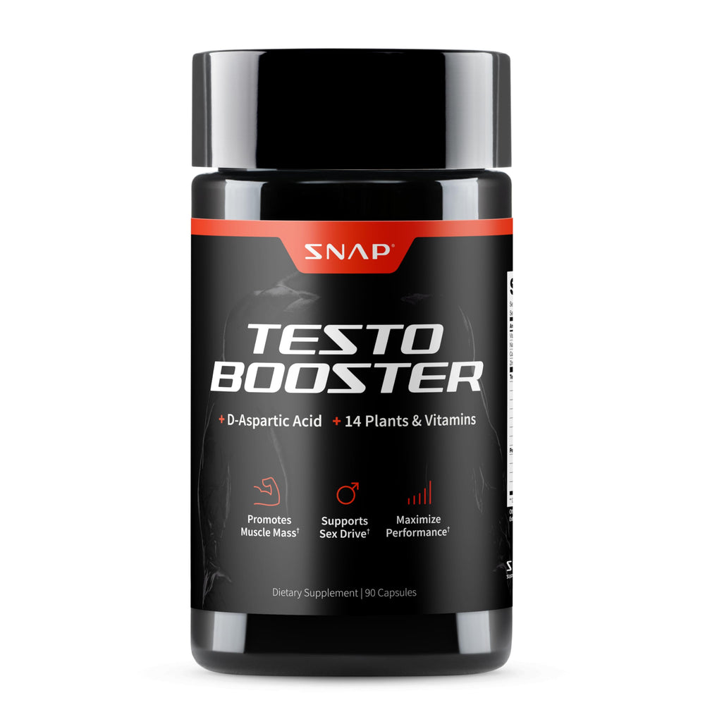 Snap Supplements testosterone booster bottle label highlights key ingredients and dosage.