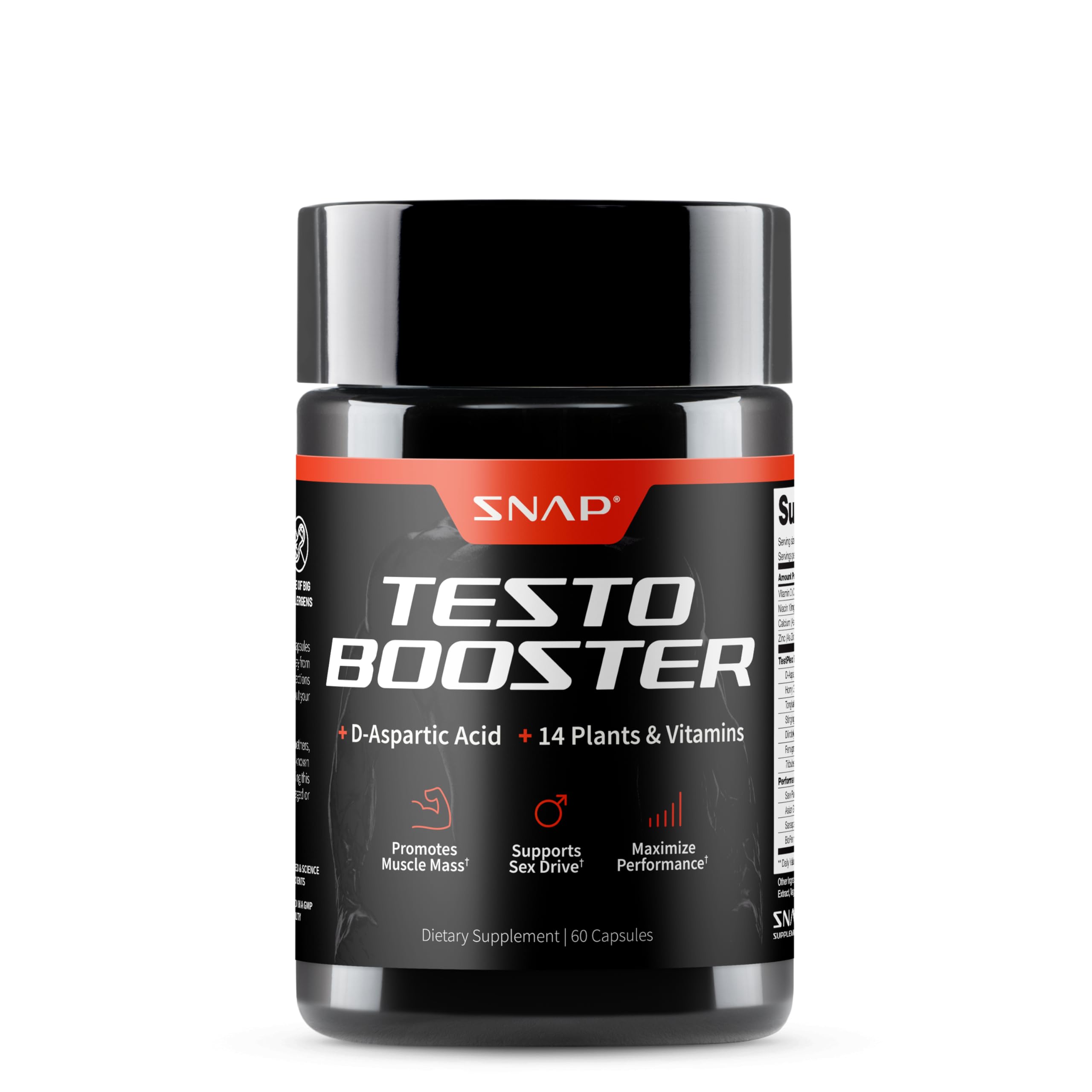 Snap Supplements Testosterone Booster bottle displaying label for natural energy support.