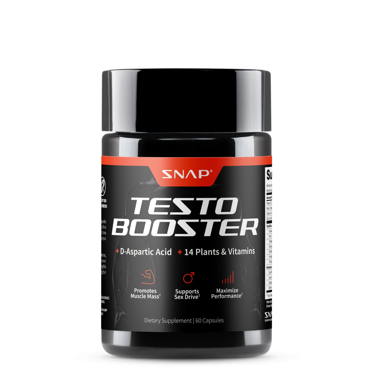 Snap Supplements Testosterone Booster bottle displaying label for natural energy support.