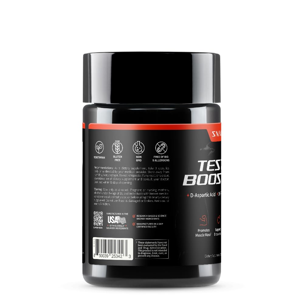 Snap Supplements Testosterone Booster packaging shows eco-friendly materials and clear labeling.