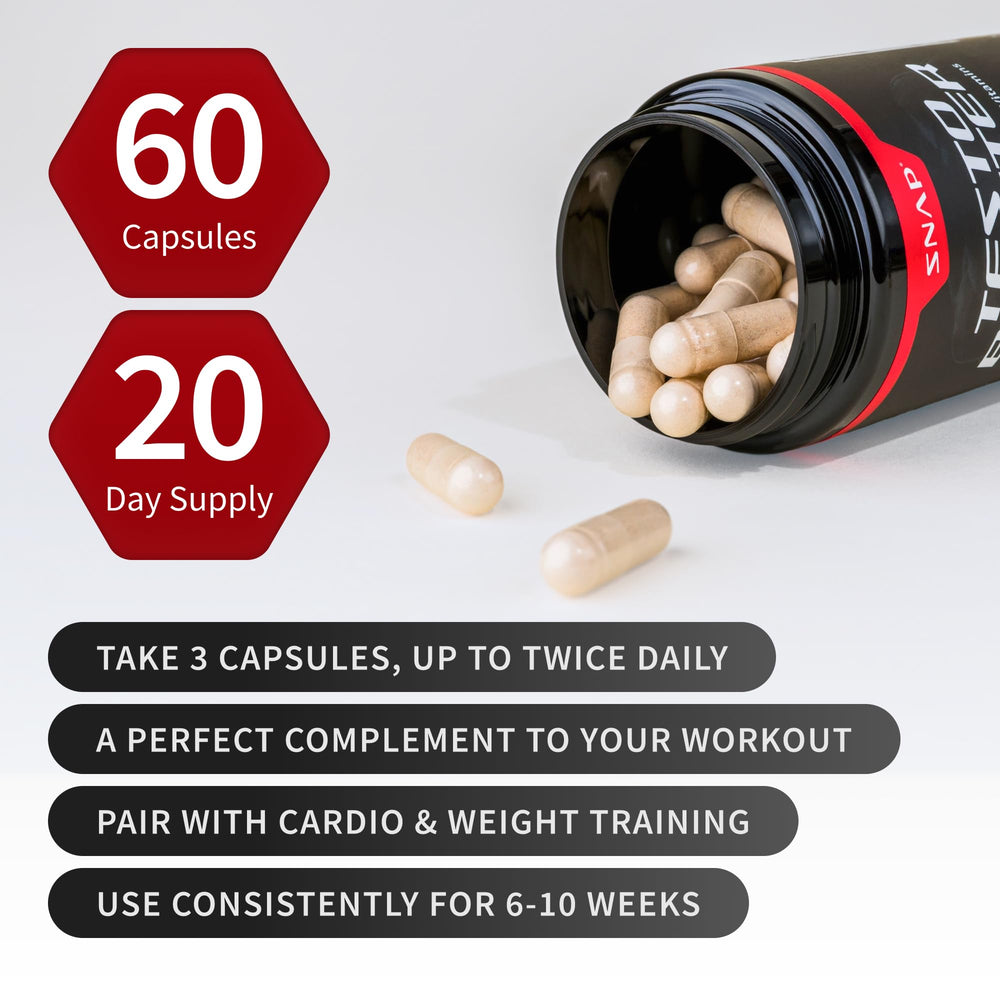 Snap Supplements Testosterone Booster Vitamin D3 and zinc section highlights nutrient support.
