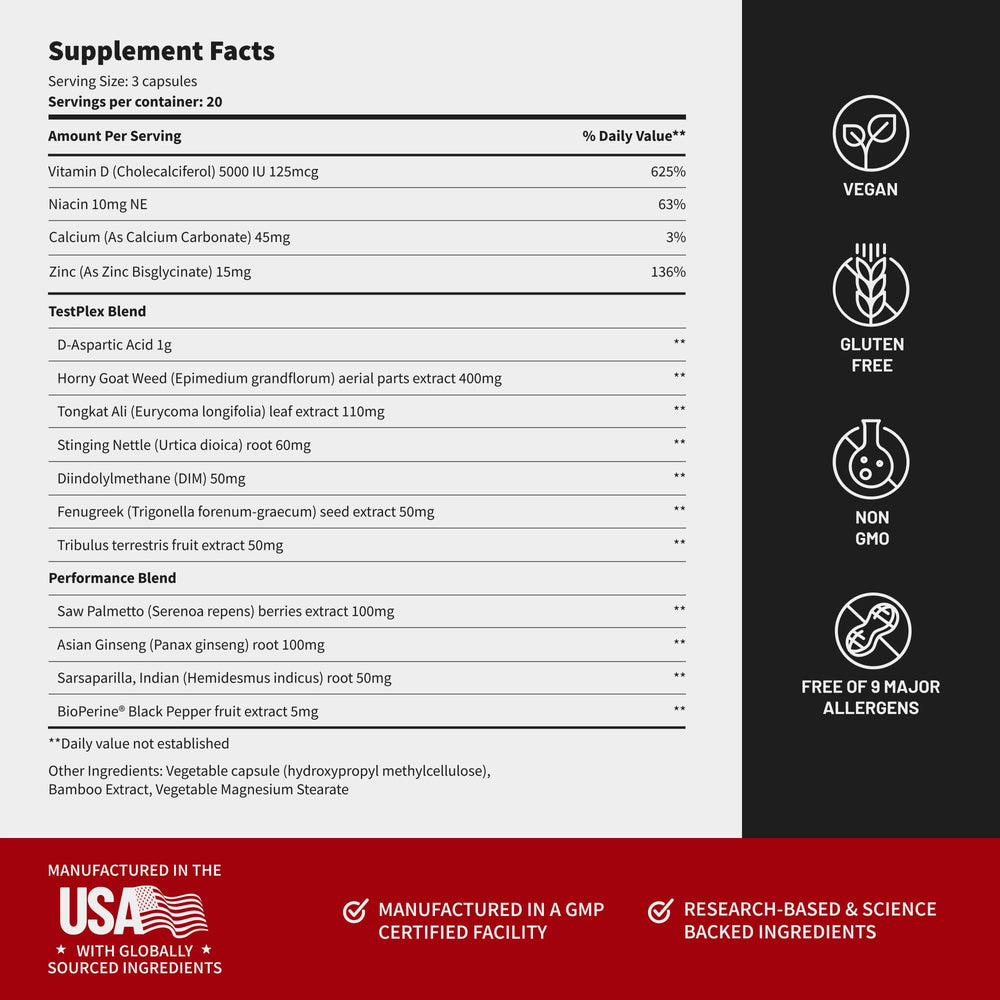 Snap Supplements Testosterone Booster dosing card provides daily usage guidance.