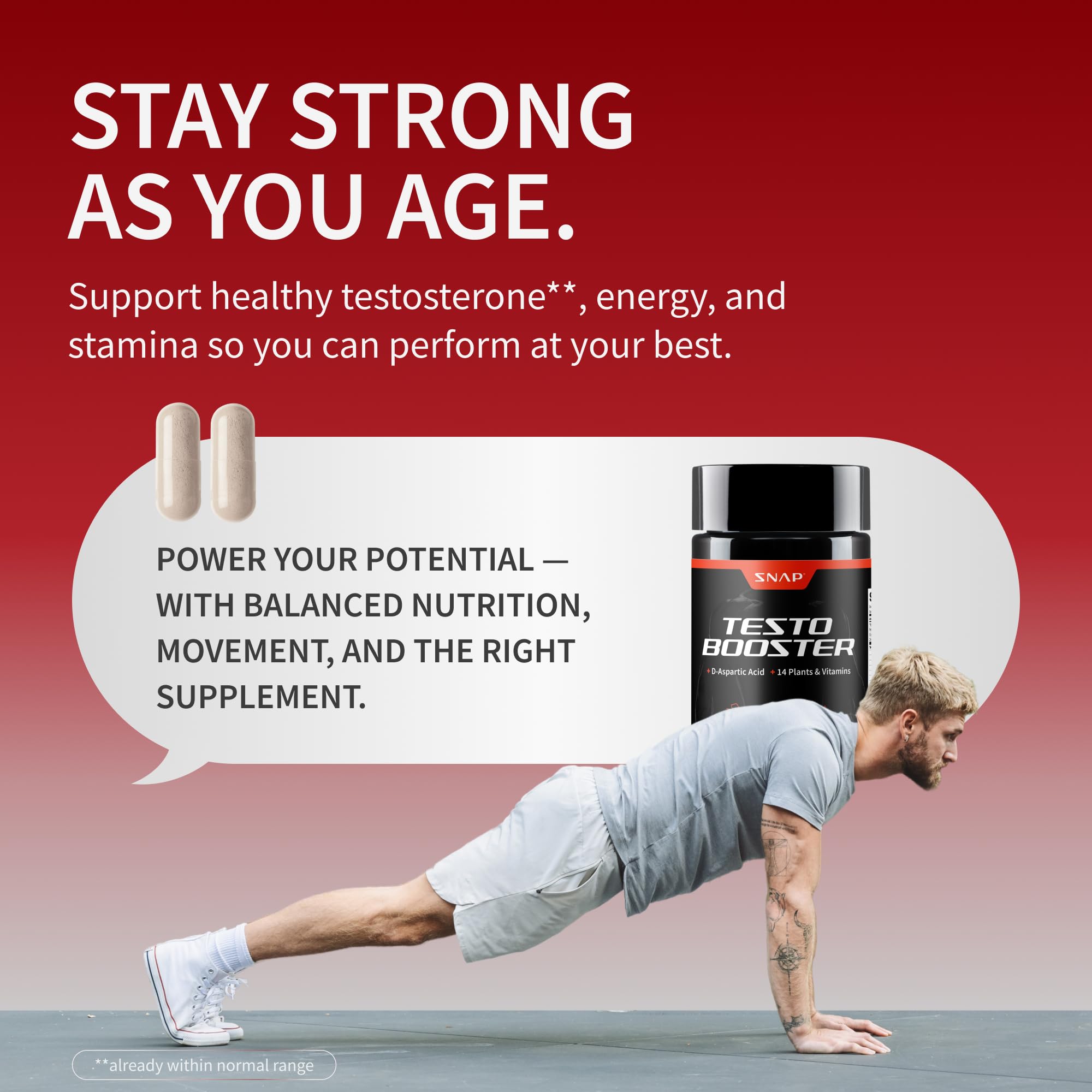 Snap Supplements Testosterone Booster Asian ginseng imagery suggests natural vitality.