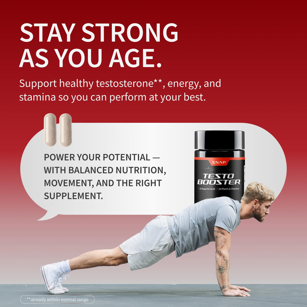 Snap Supplements Testosterone Booster Asian ginseng imagery suggests natural vitality.