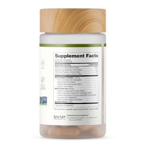 Vegan-friendly gluten-free Snap Supplements Heart Health capsules close-up.