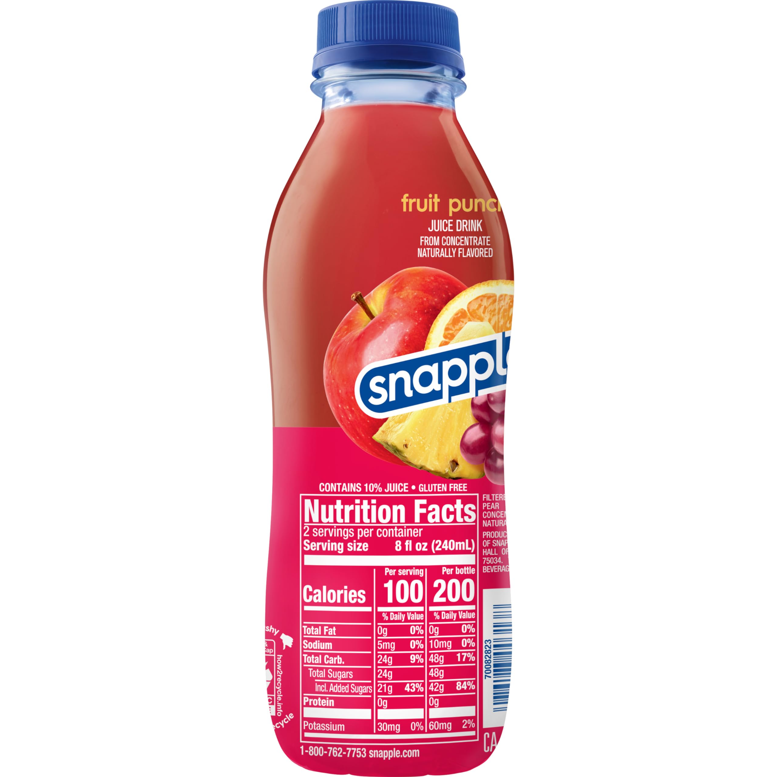 Snapple Fruit Punch bottle cap close-up with recyclable plastic emphasis.