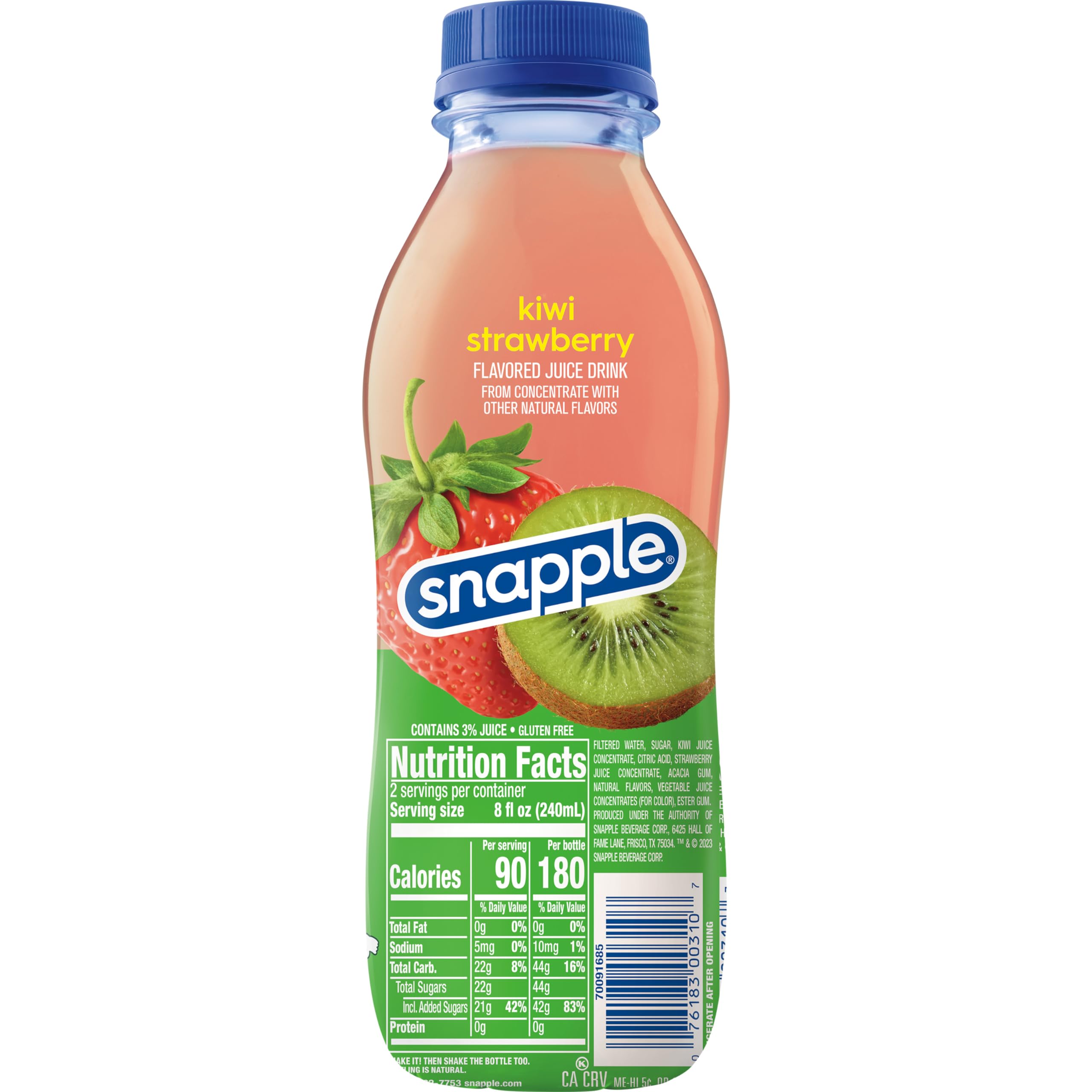 Snapple Kiwi Strawberry bottle front highlight vibrant color and real juice appeal.