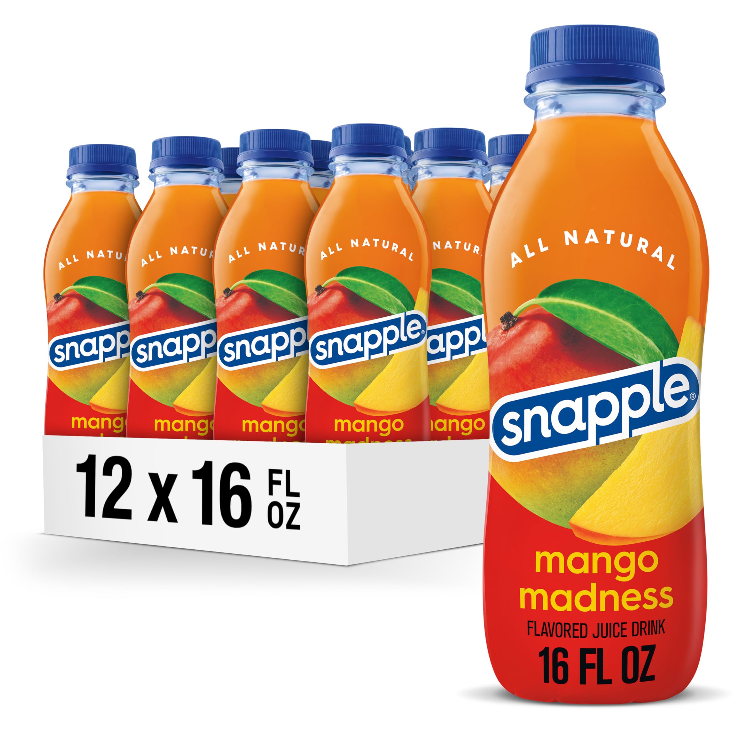 Snapple Mango Madness bottle front — all natural flavor with 5% real juice.