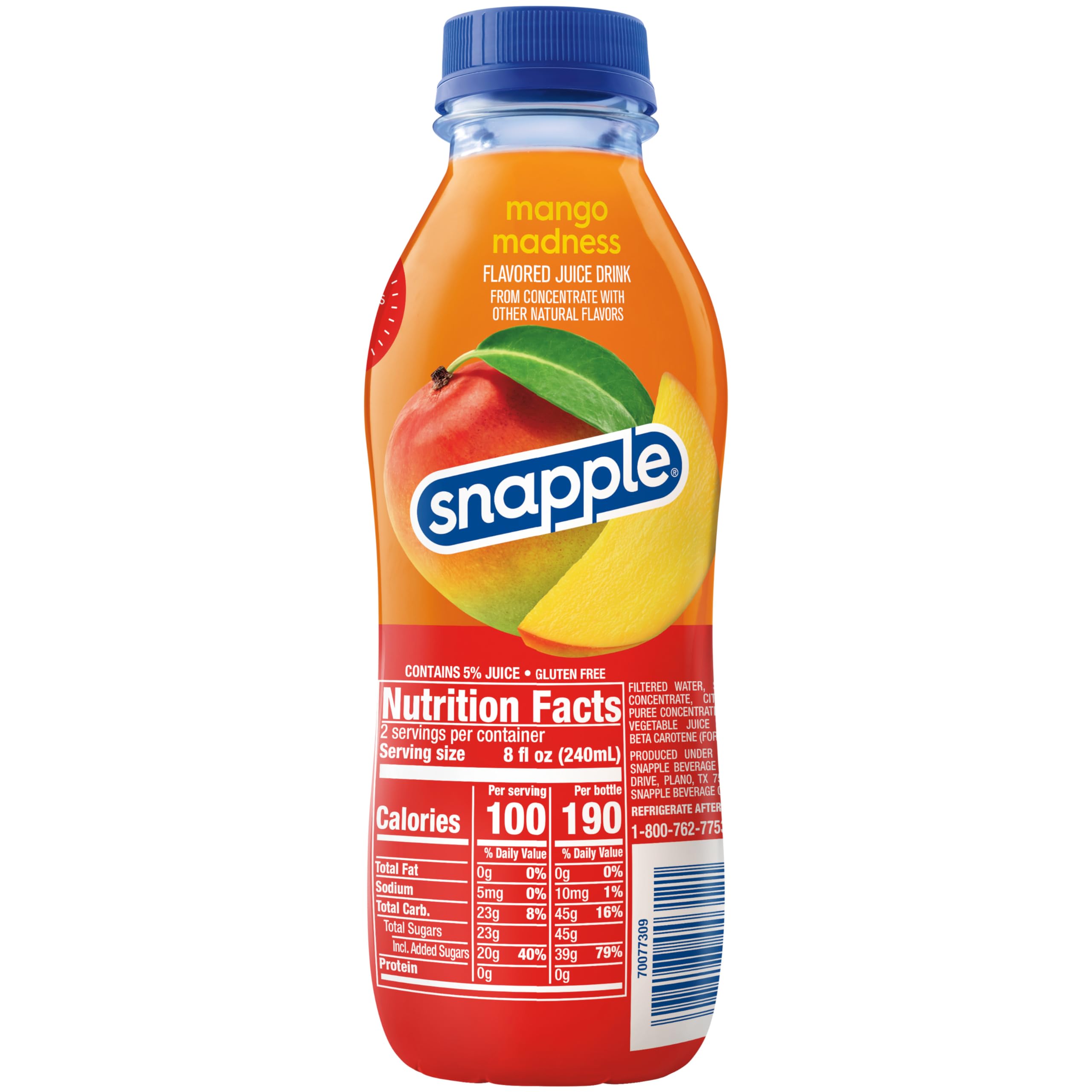 Snapple Mango Madness cap closeup — bottle made from 100% recycled plastic (cap and label excluded).