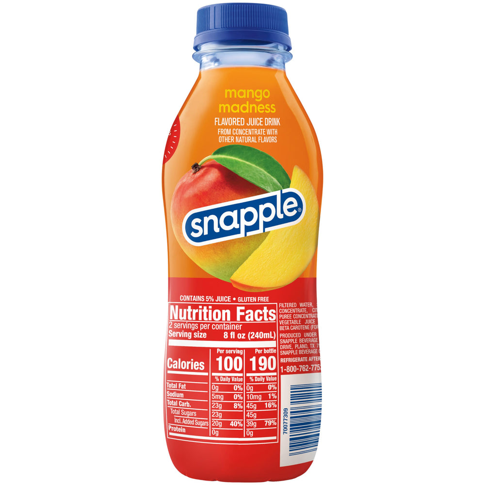 Snapple Mango Madness cap closeup — bottle made from 100% recycled plastic (cap and label excluded).