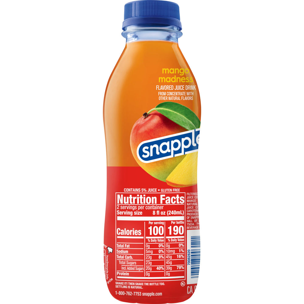 Snapple Mango Madness recyclable bottle symbol — container made from 100% recycled plastic.