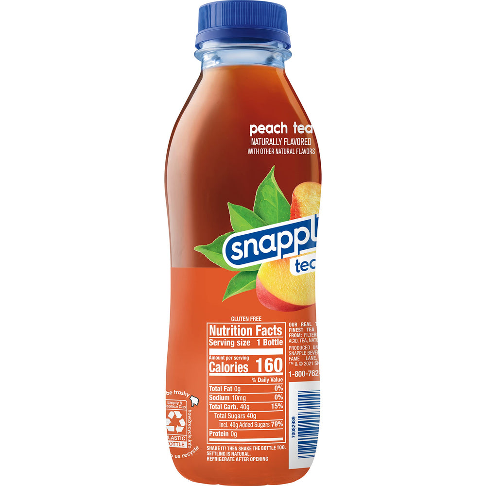 Snapple Peach Tea bottle side view, portable 16 oz for on-the-go refreshment.
