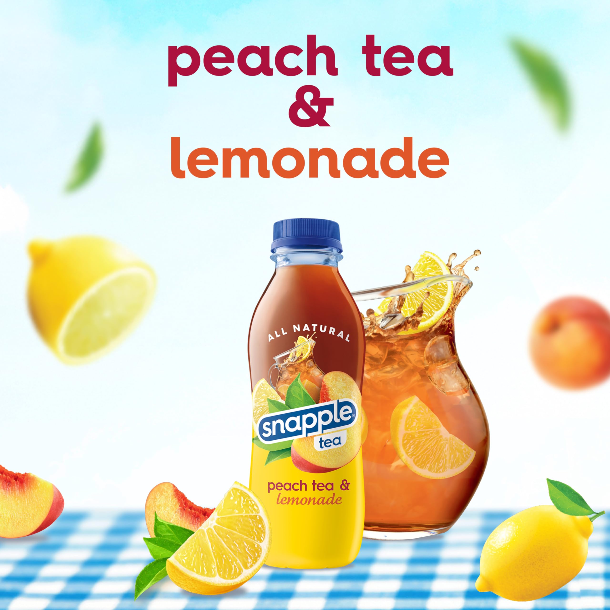 Snapple Peach Tea Lemonade label closeup showing real ingredients.