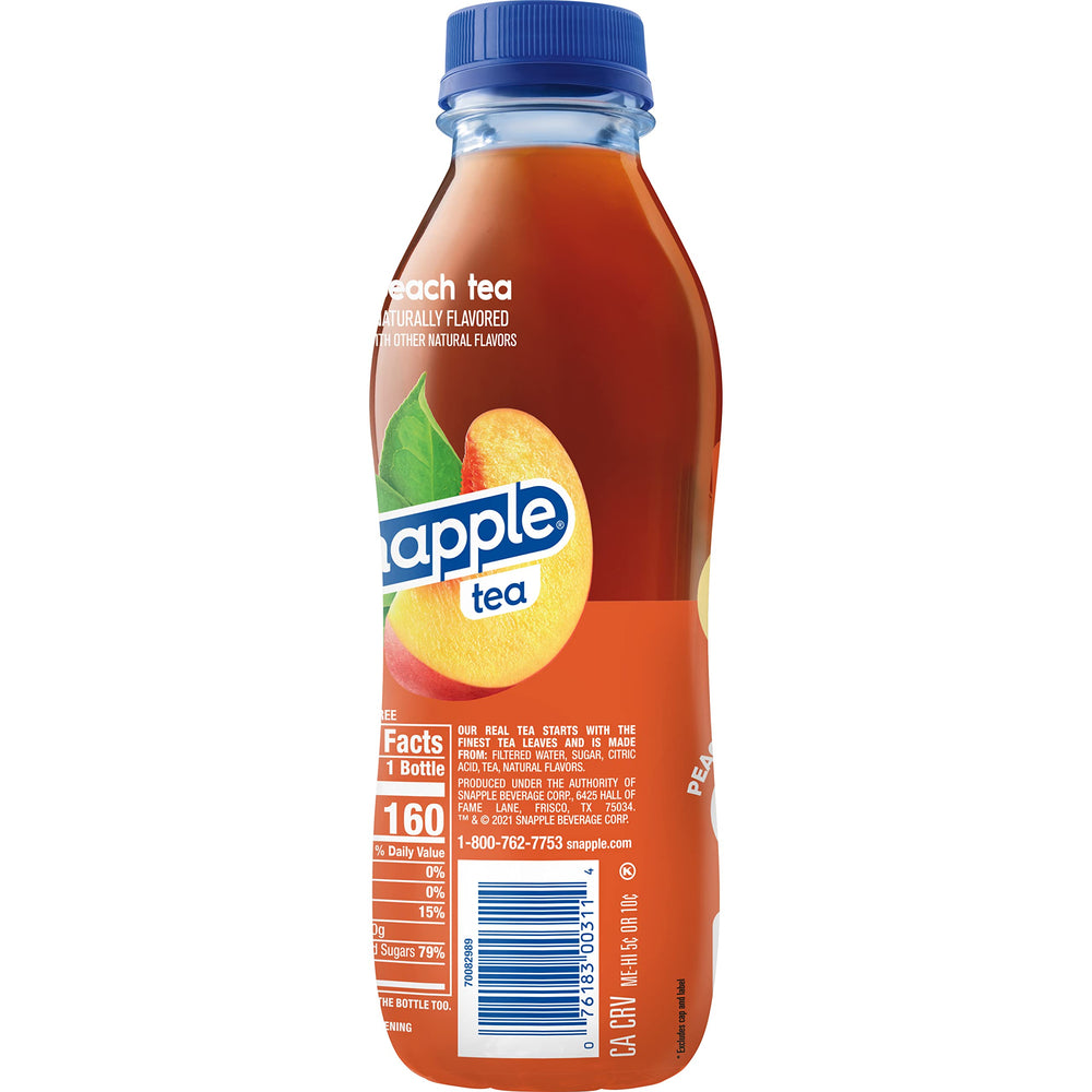 Eco-friendly Snapple Peach Tea bottle made from 100% recycled plastic.