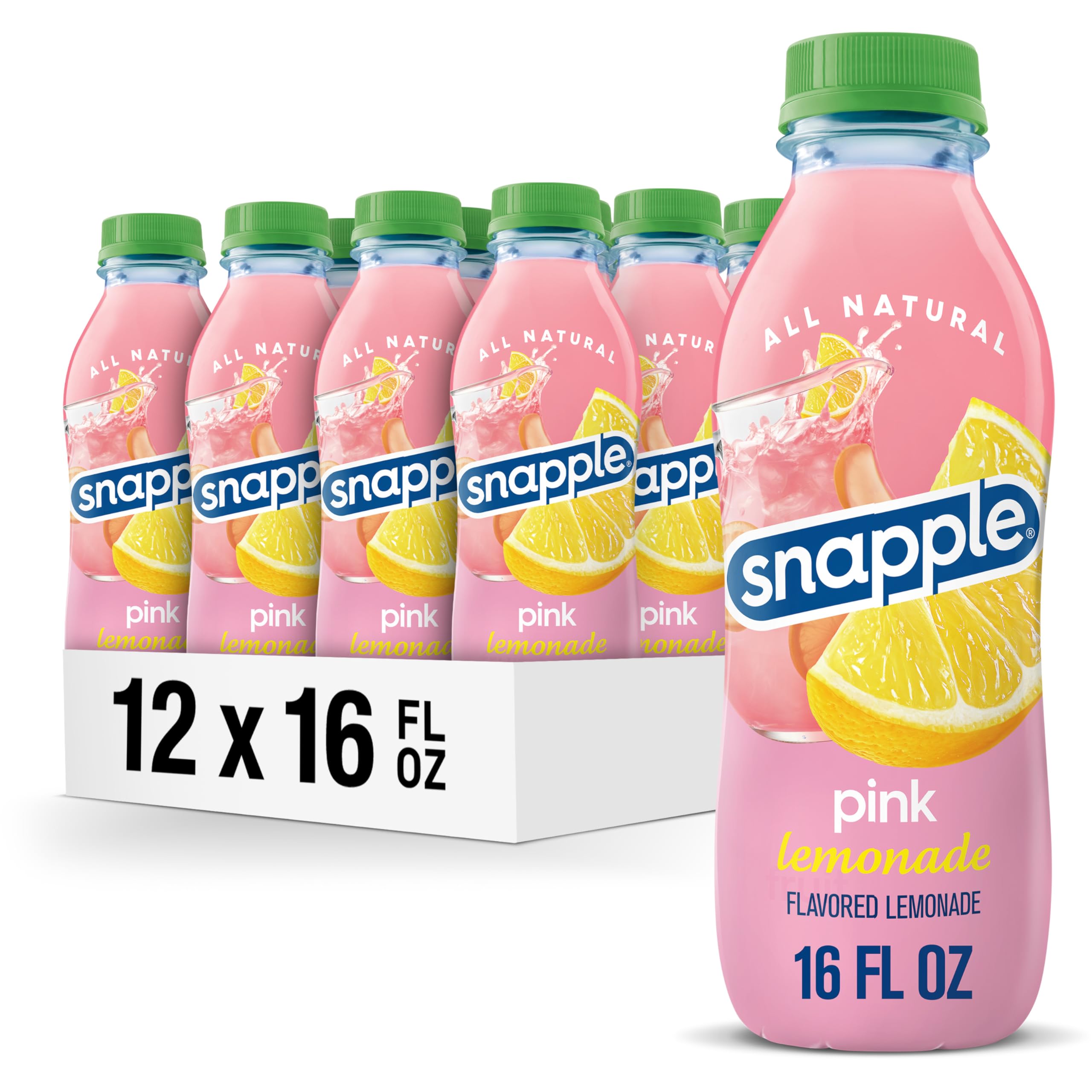 Snapple Pink Lemonade 16oz bottle with all-natural pink color.