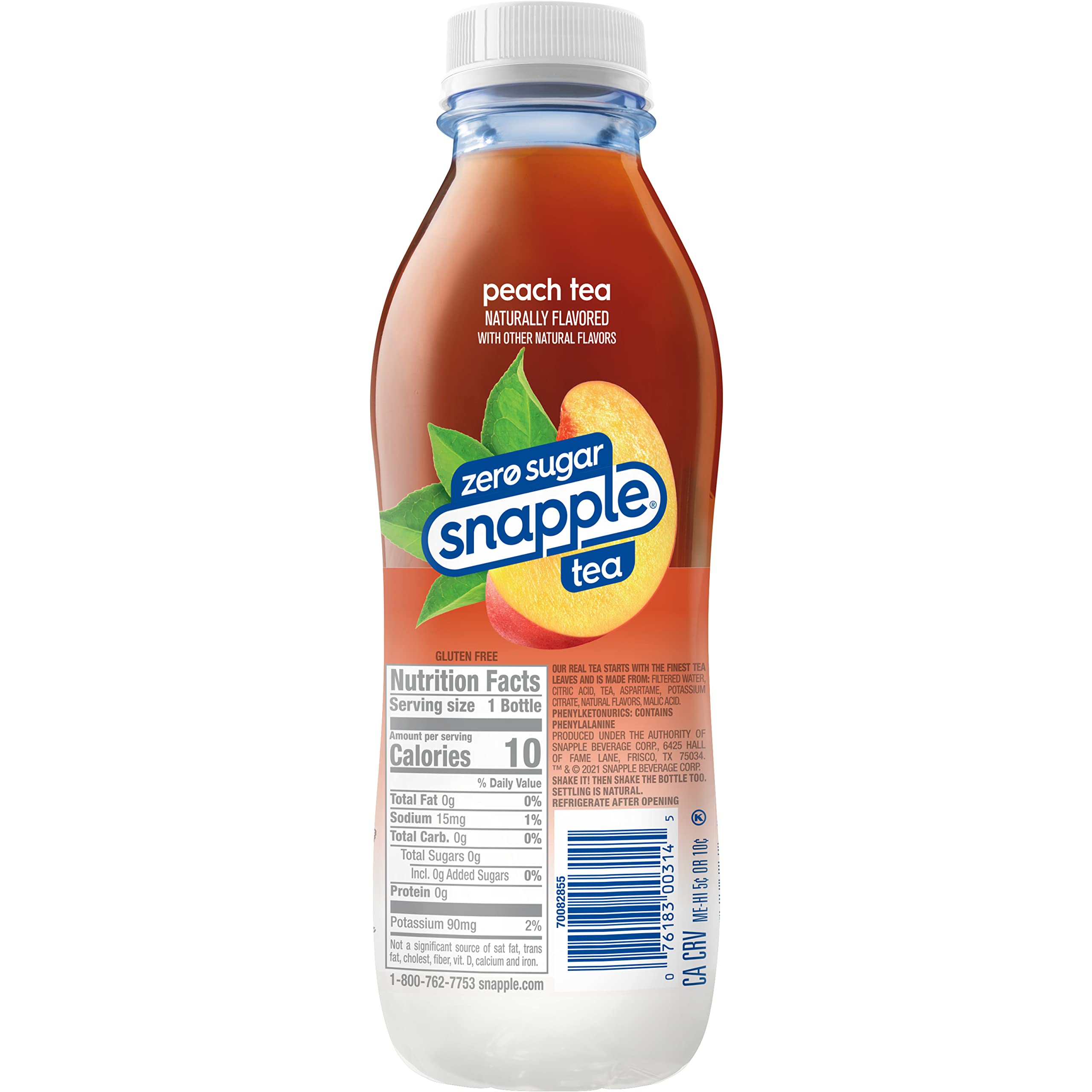 Snapple Zero Sugar Peach Tea bottle with peach slice graphic, appealing summer refreshment.