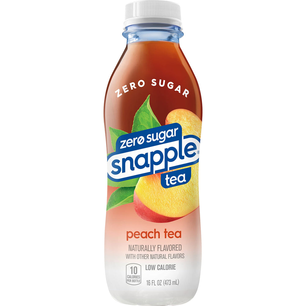 Snapple Zero Sugar Peach Tea label with recycling symbol, eco-friendly packaging choice.