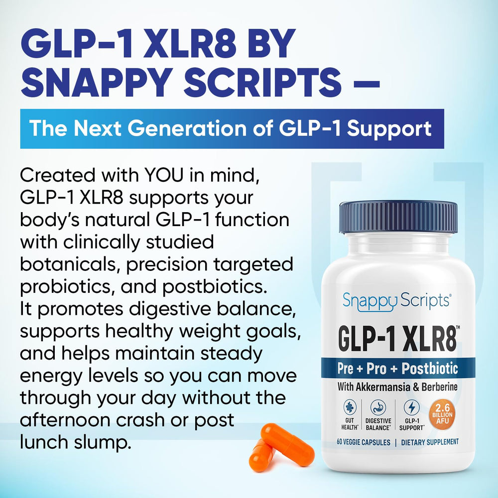 Snappy Scripts GLP-1 XLR8 bottle back with usage directions for daily digestion support.