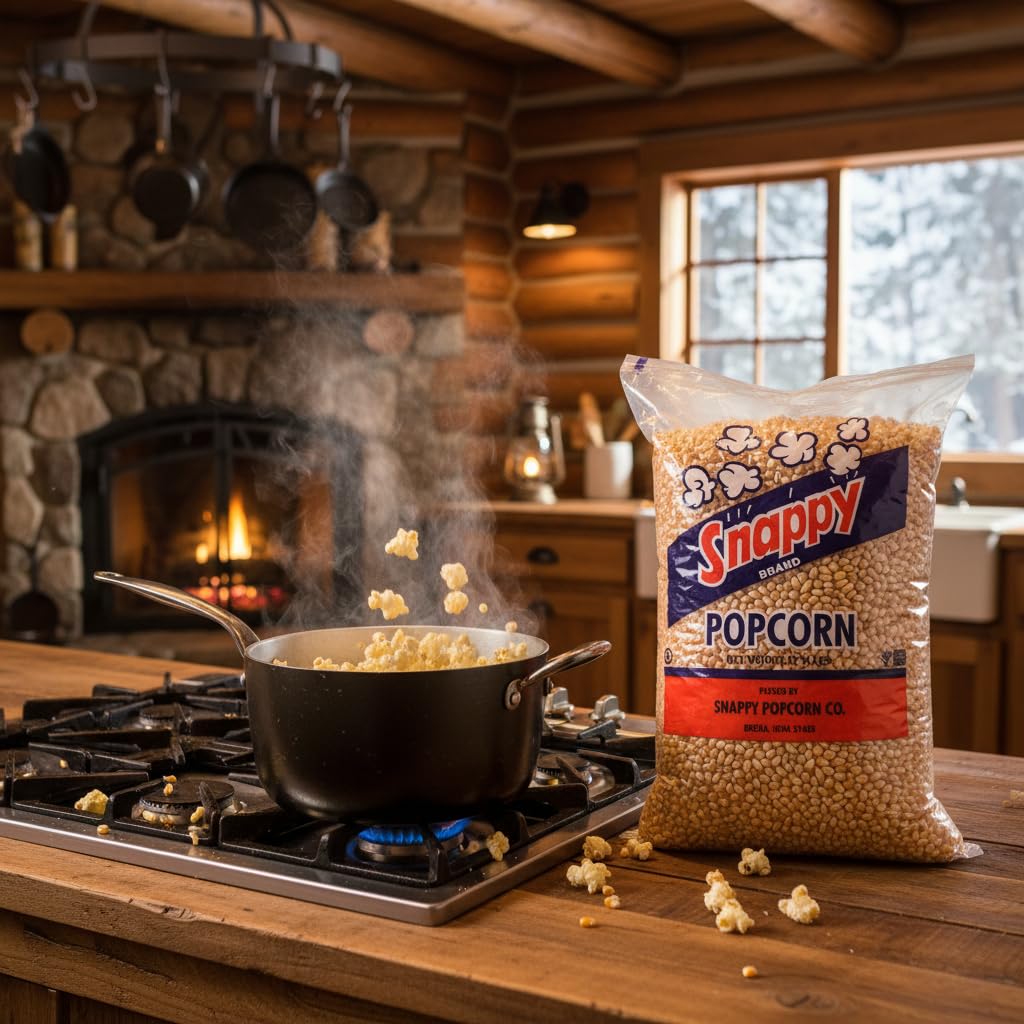 SNAPPY yellow popcorn kernels label highlights non-GMO and gluten-free.