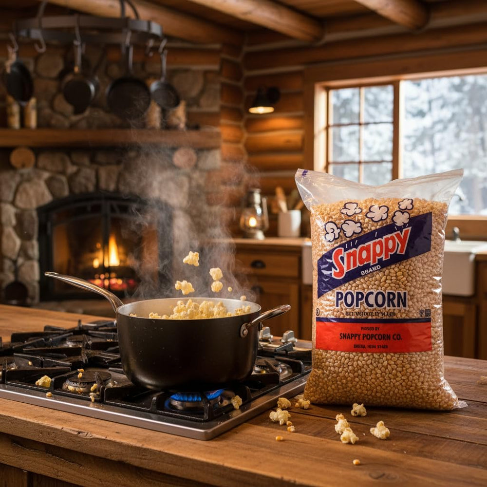 SNAPPY yellow popcorn kernels label highlights non-GMO and gluten-free.