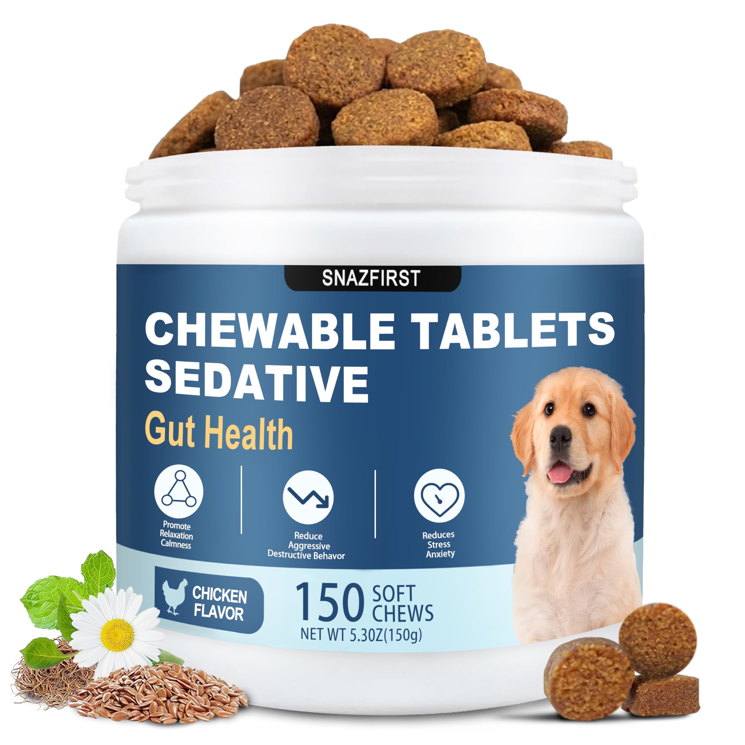 SnazFirst Calming Chews bottle shows anxiety relief for dogs during loud events