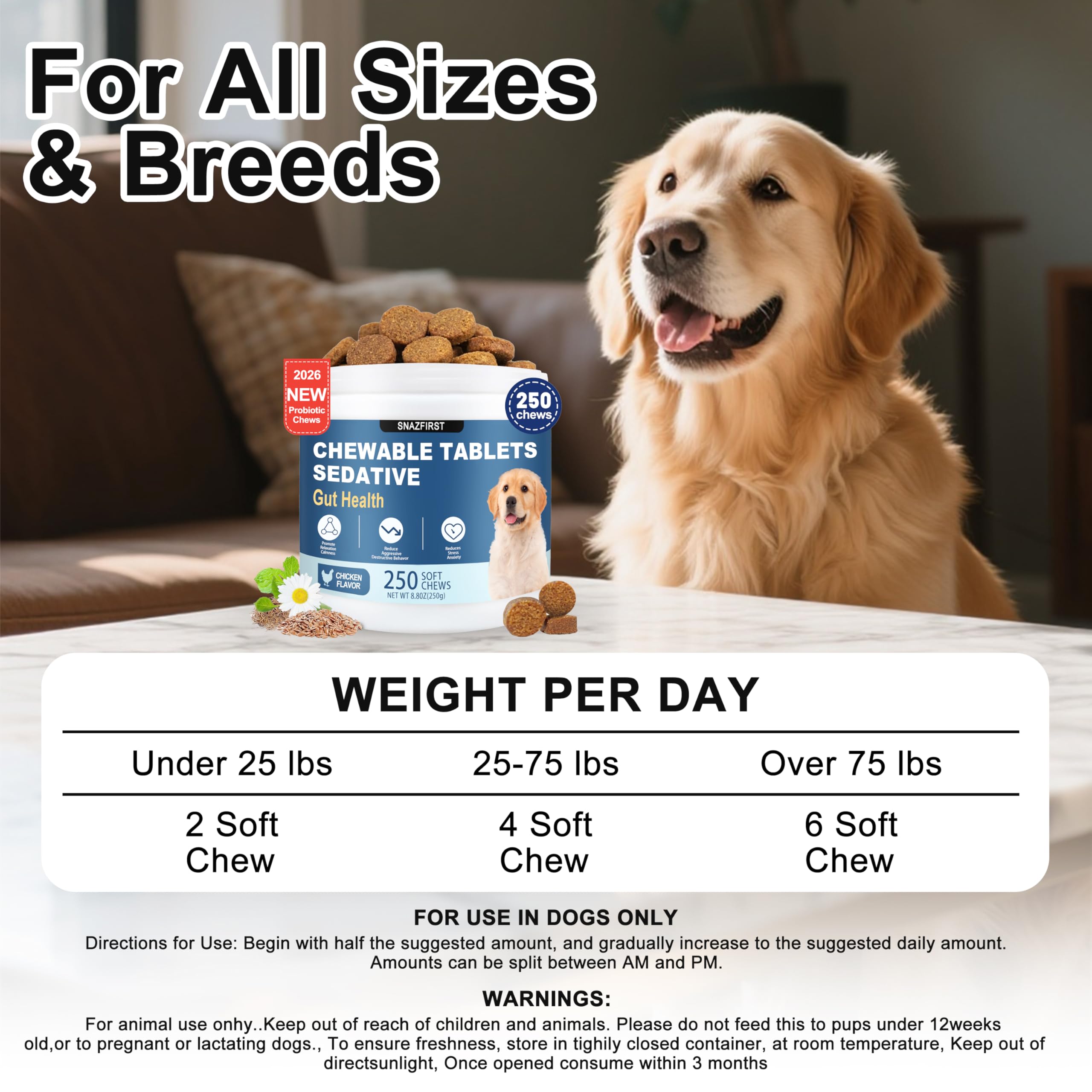 SnazFirst Packaging front showcases easy daily use of dog calming chews