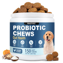 SnazFirst Probiotics for Dogs bottle with chews displaying digestive health support