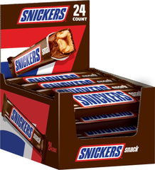 Snickers 24-count pack of milk chocolate bars for convenient sharing.