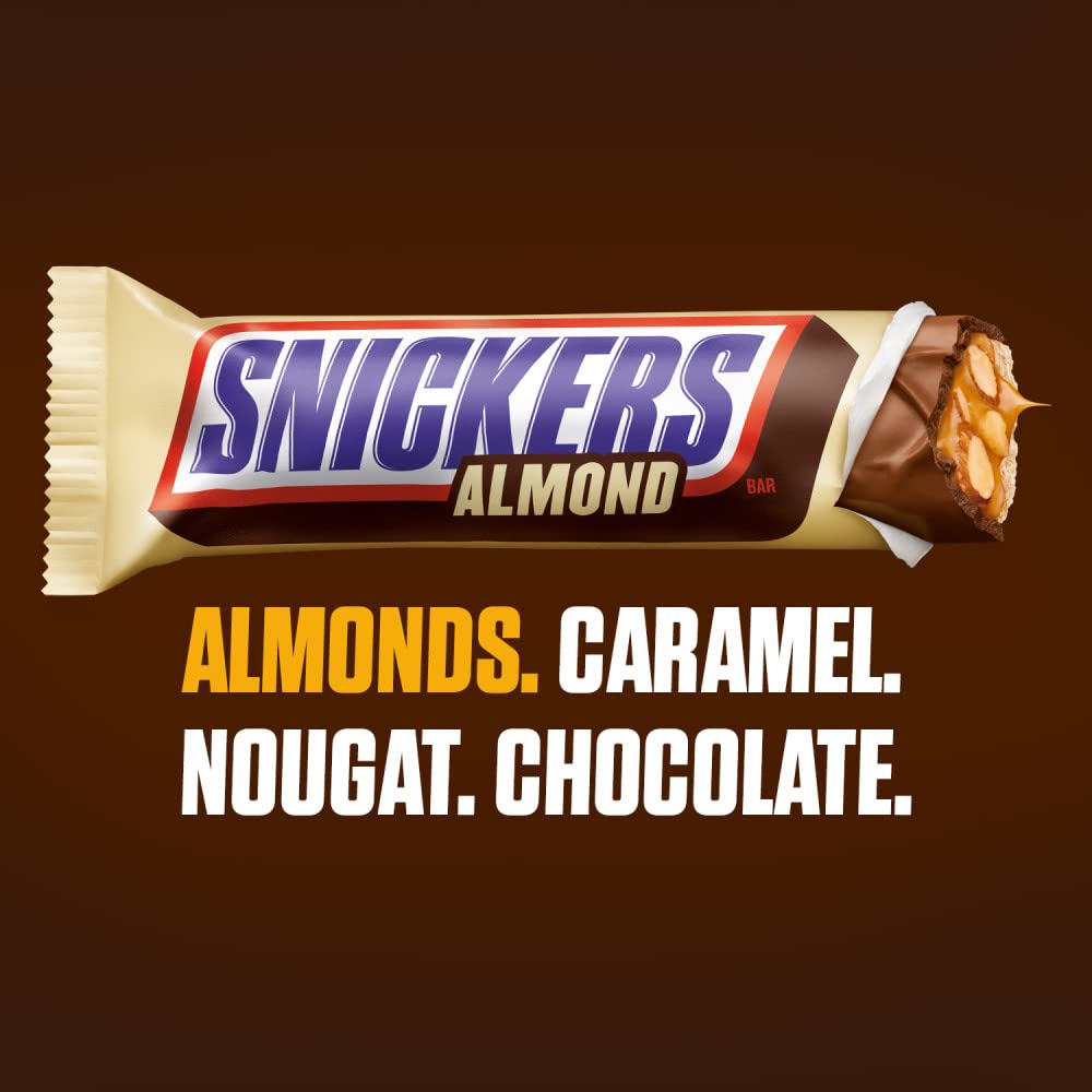 SNICKERS Almond Milk Chocolate Bars caramel-nougat close-up showing layers and texture.