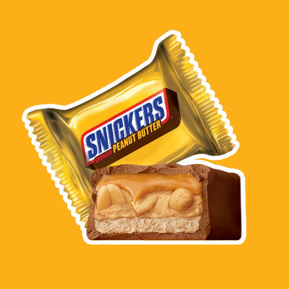 Snickers Fun Size bar milk chocolate closeup highlights texture.