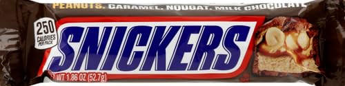 Snickers milk-chocolate bar packaging shows fresh, individually wrapped bars