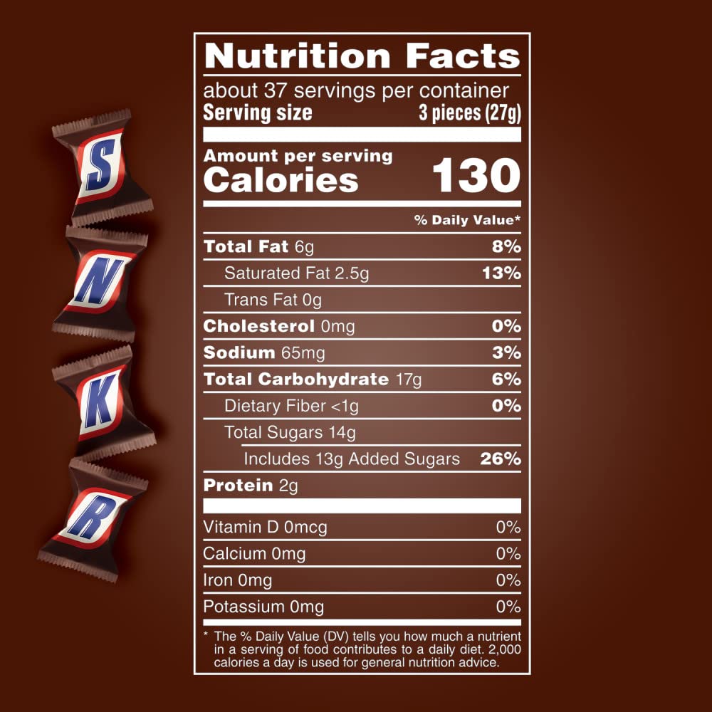 Close-up of Snickers Minis with peanuts, nougat, caramel and milk chocolate.