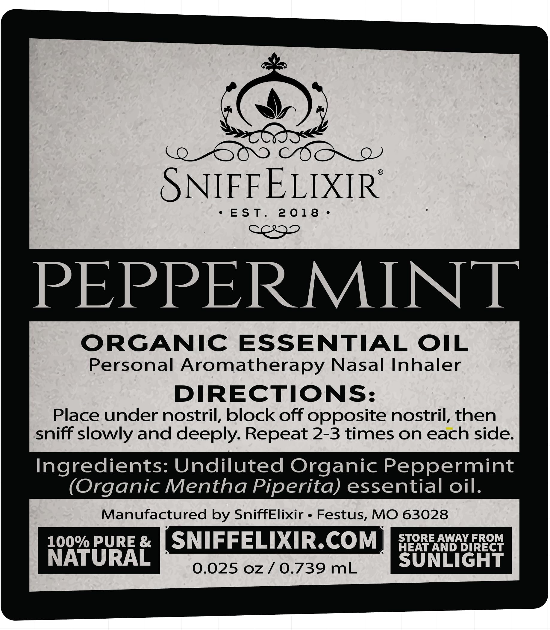 Handcrafted SniffElixir label highlighting natural ingredients